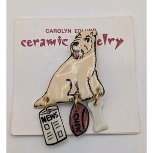 Carolyn Edlund Signed Ceramic Terrier Dog Brooch Handmade USA With Dangling...